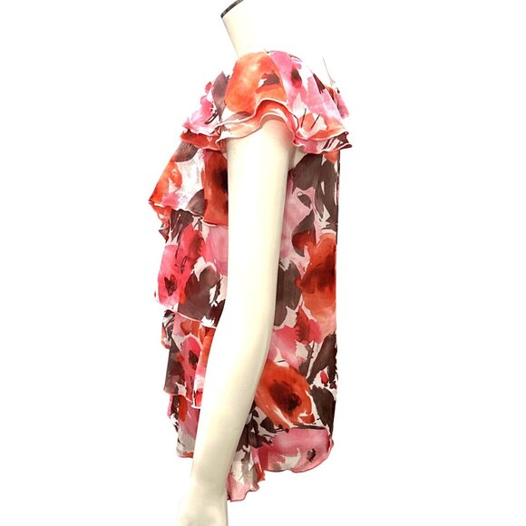 AGB Small East Hamptons Ruffle Blouse Pink Coral Floral Layered Style Romantic - Picture 4 of 14